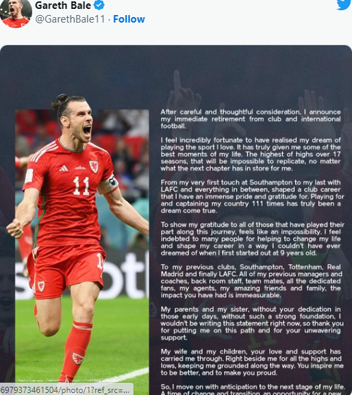 Gareth Bale Announces Retirement From Major League Soccer
